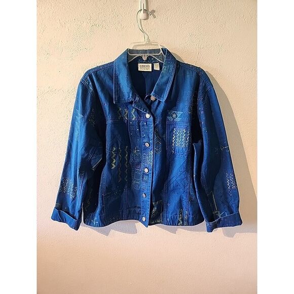 Chico's Design Royal Blue Sequin Button Up Jean Jacket Size 3 Large Aztec Geo - Picture 1 of 4
